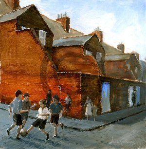  Back street footy original painting by Dick Gilhespy